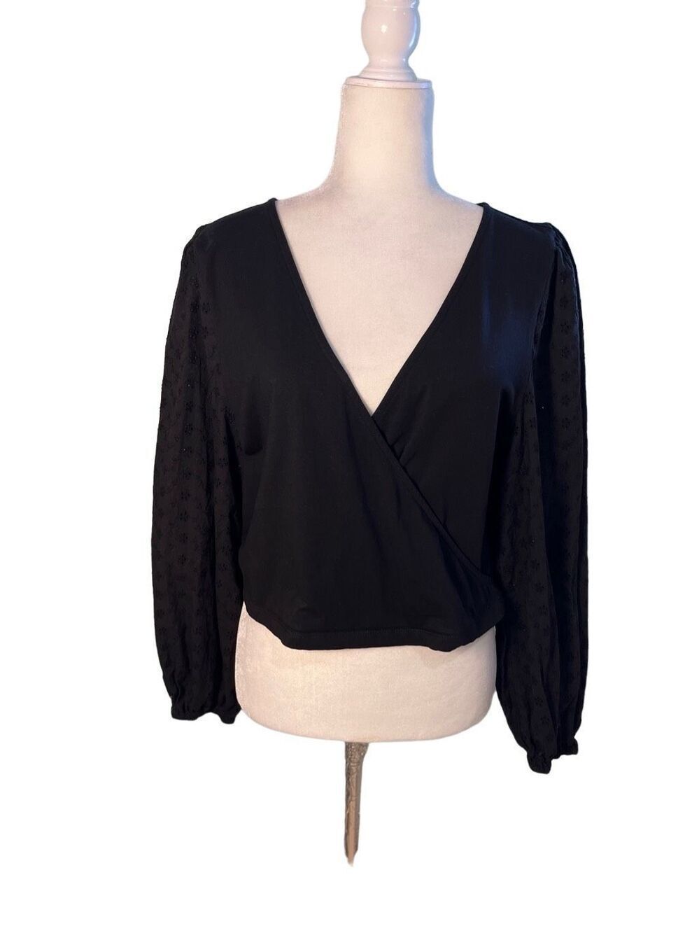 ASOS cropped black faux wrap long sleeve blouse - 14